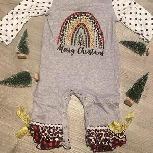 Gray Christmas Baby Romper with Polka Dot Sleeves